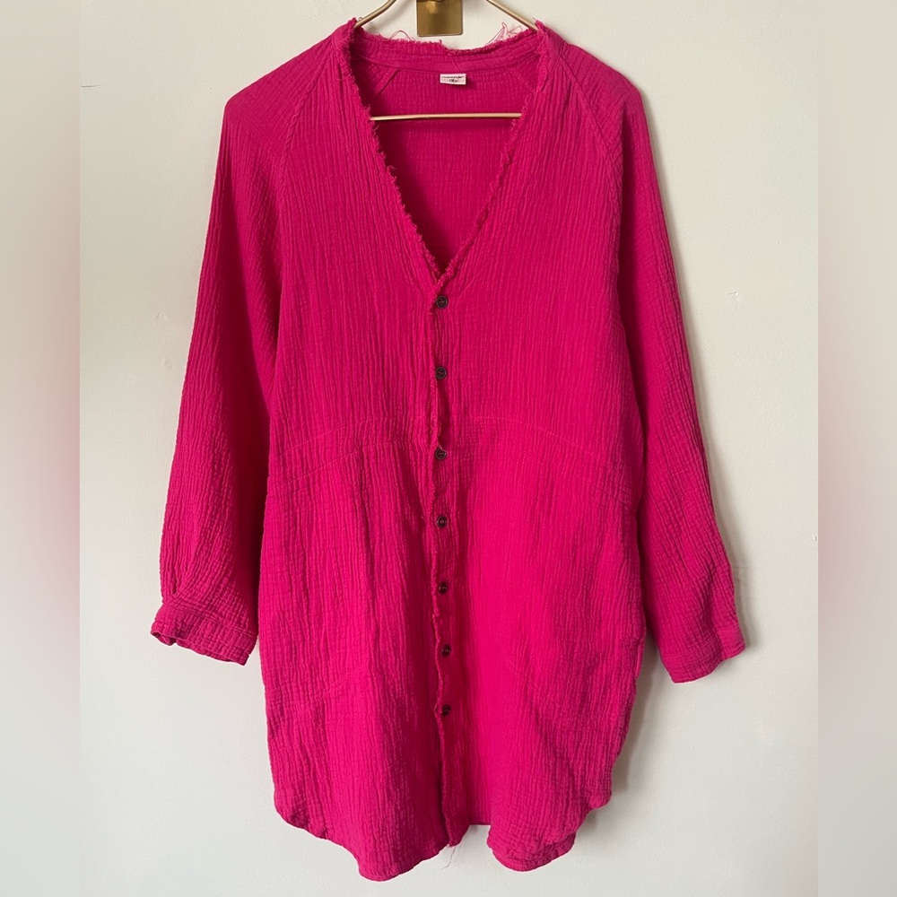 Relaxed beachy summer cotton Button-Down Tunic in Bright Fuchsia S - Picture 1 of 6